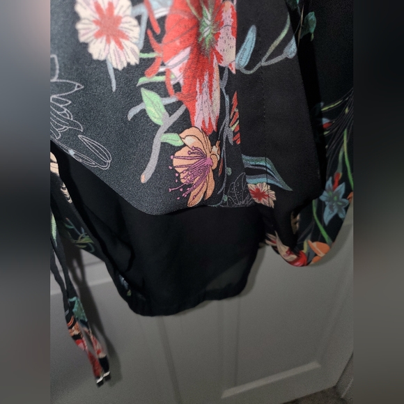 : fleur bleve black floral design button front Drawstring tunic dress top sz 8 - Picture 7 of 16